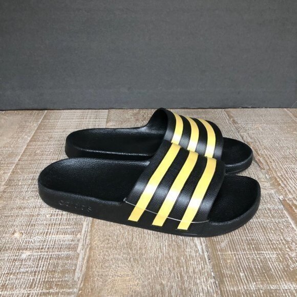 Adidas- Black/Gold Striped Slides Size 7 NEW - Picture 2 of 8